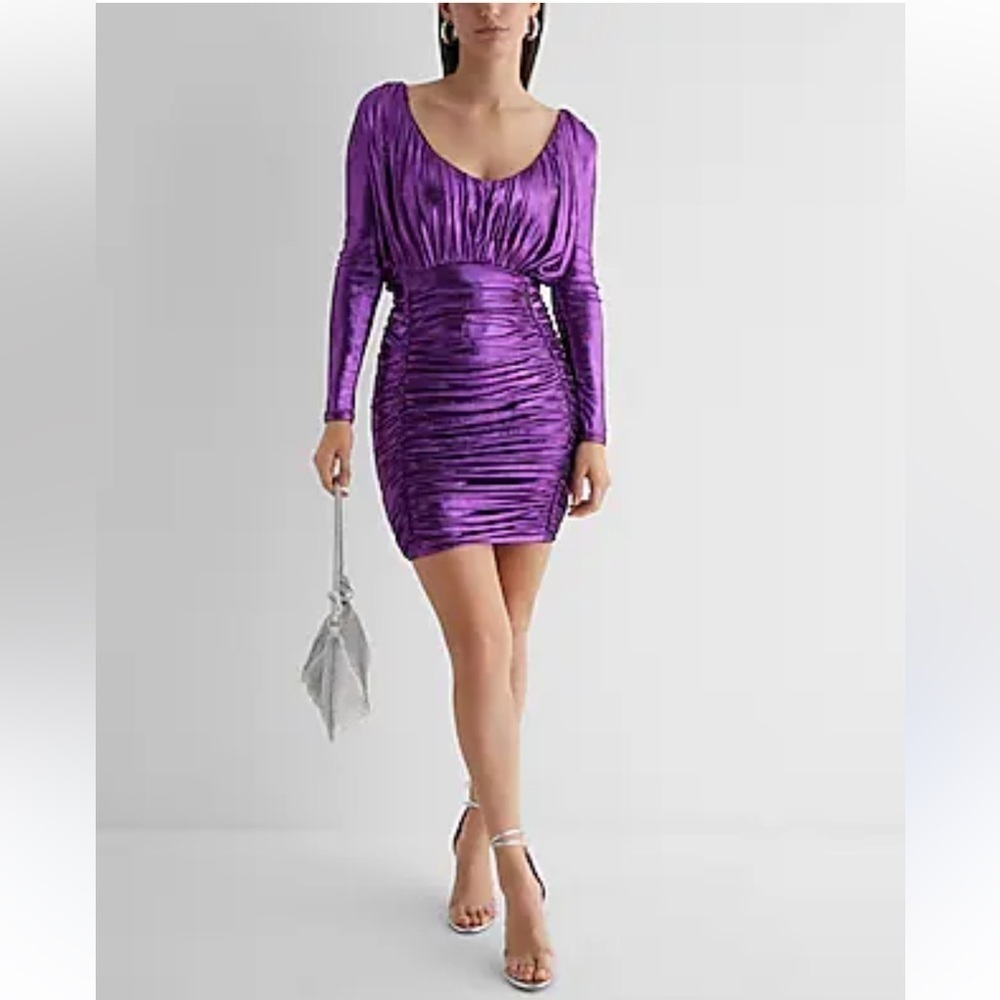 Express Metallic Ruched Mini Sheath Dress Small Purple